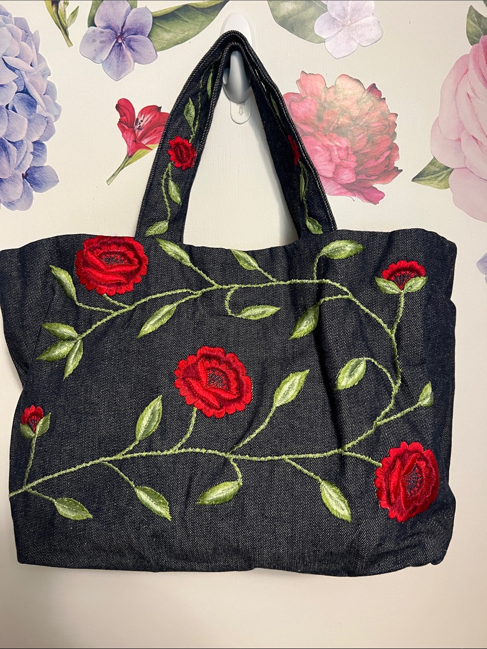 Express Dark Blue Denim Tote with Red Rose Embroidery